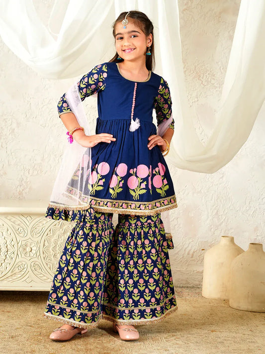 Girls Blue Ethnic Floral Print Cotton A-Line Kurta & Sharara With Dupatta
