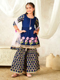Girls Blue Ethnic Floral Print Cotton A-Line Kurta & Sharara With Dupatta