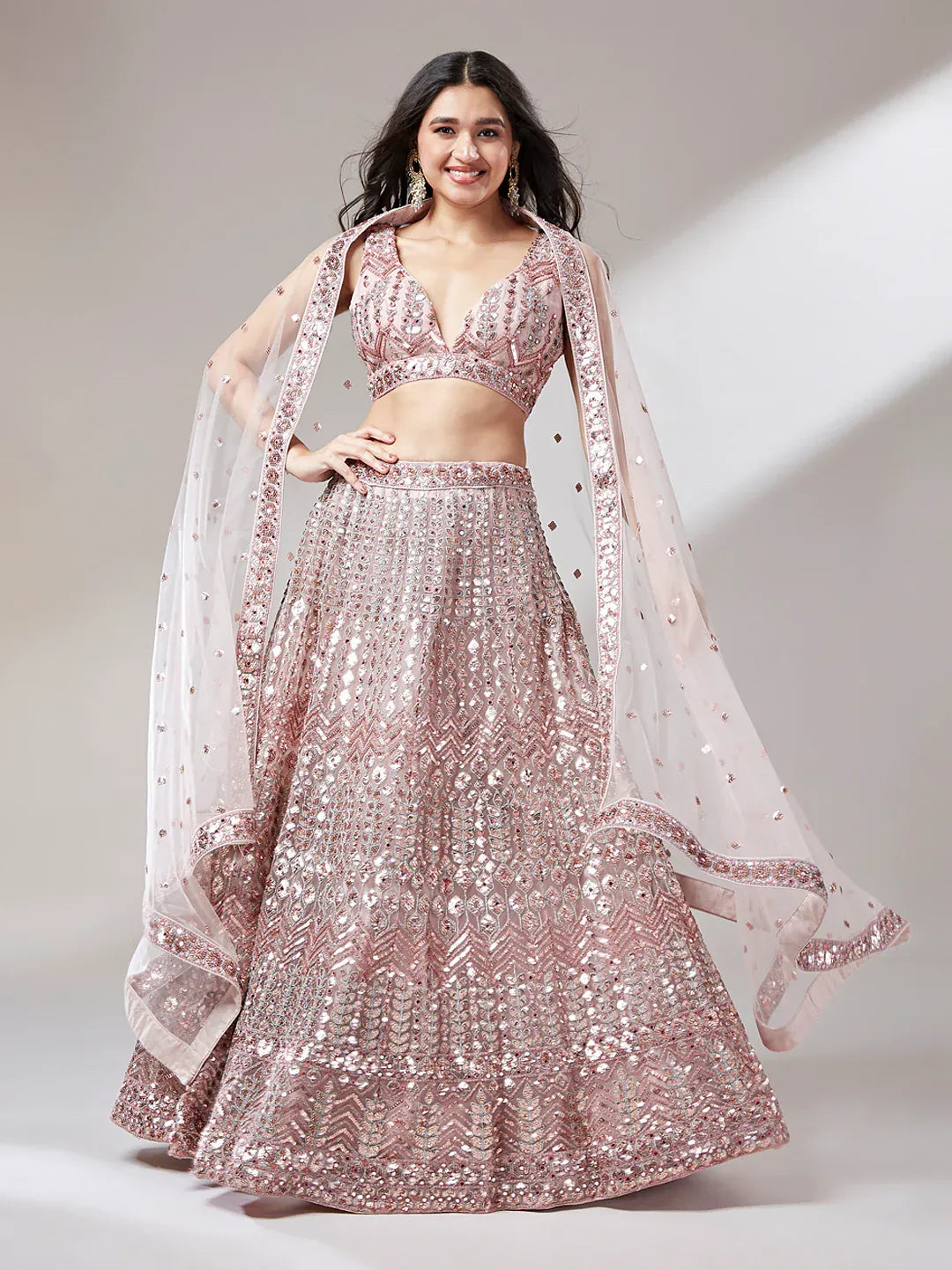 Rose gold and silver net mirror and sequins embroidery semi-stitched lehenga choli with dupatta for women, view 3