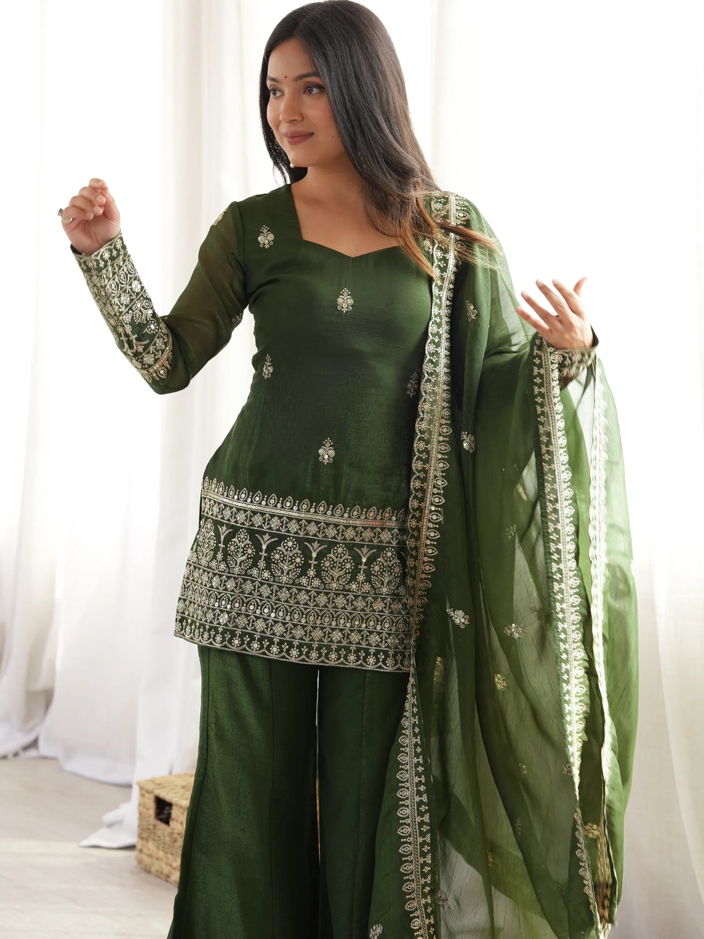 Green Zari Work Silk Mehendi Wear Palazzo Suit