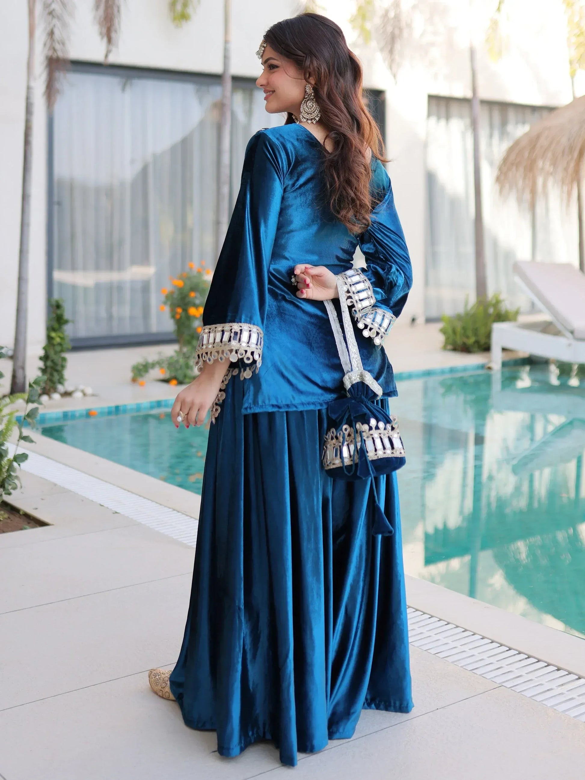 Teal blue and purple velvet mirror work sharara set for women, festive party wear, view 13