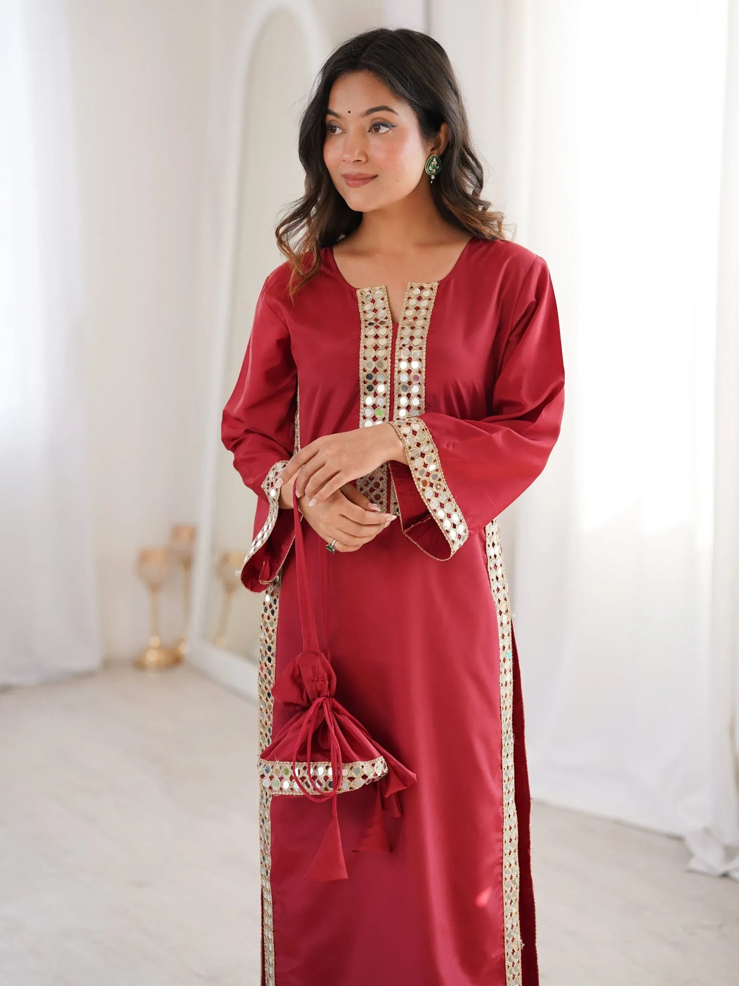 Stylish Mirror Laced Crepe Wedding Wear Kurti With Pant
