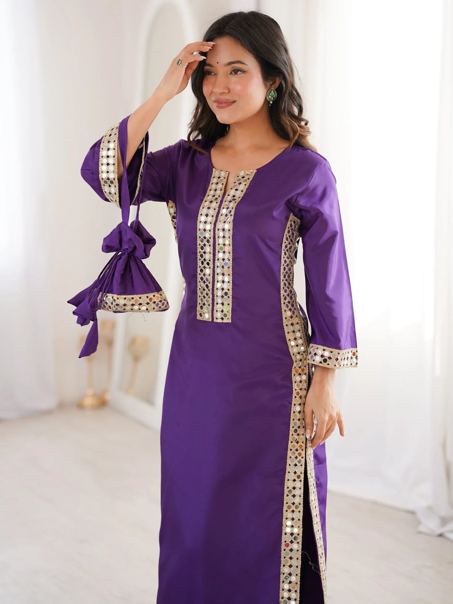 Stylish Mirror Laced Crepe Wedding Wear Kurti With Pant