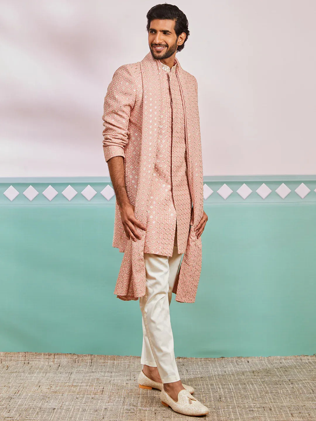 Men's Peach Rayon Indo Western And Pyjama & Dupatta Set