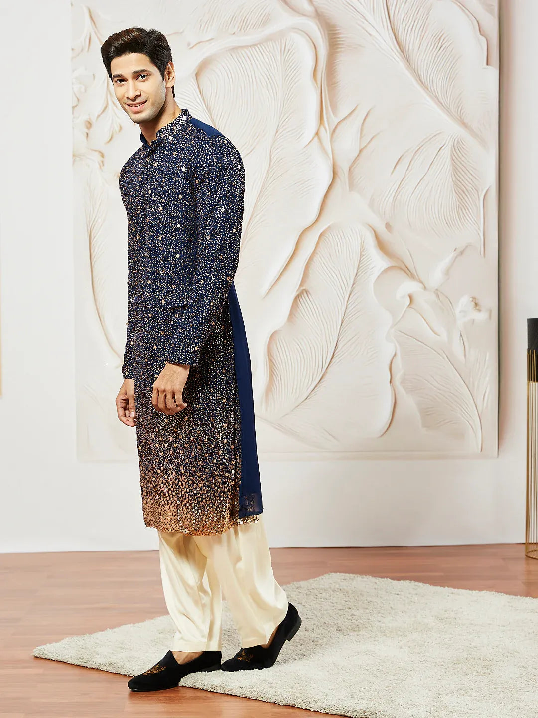 Men's Navy Blue Georgette Zari With Sequins Worked Kurta with Dupatta & Patiala Set