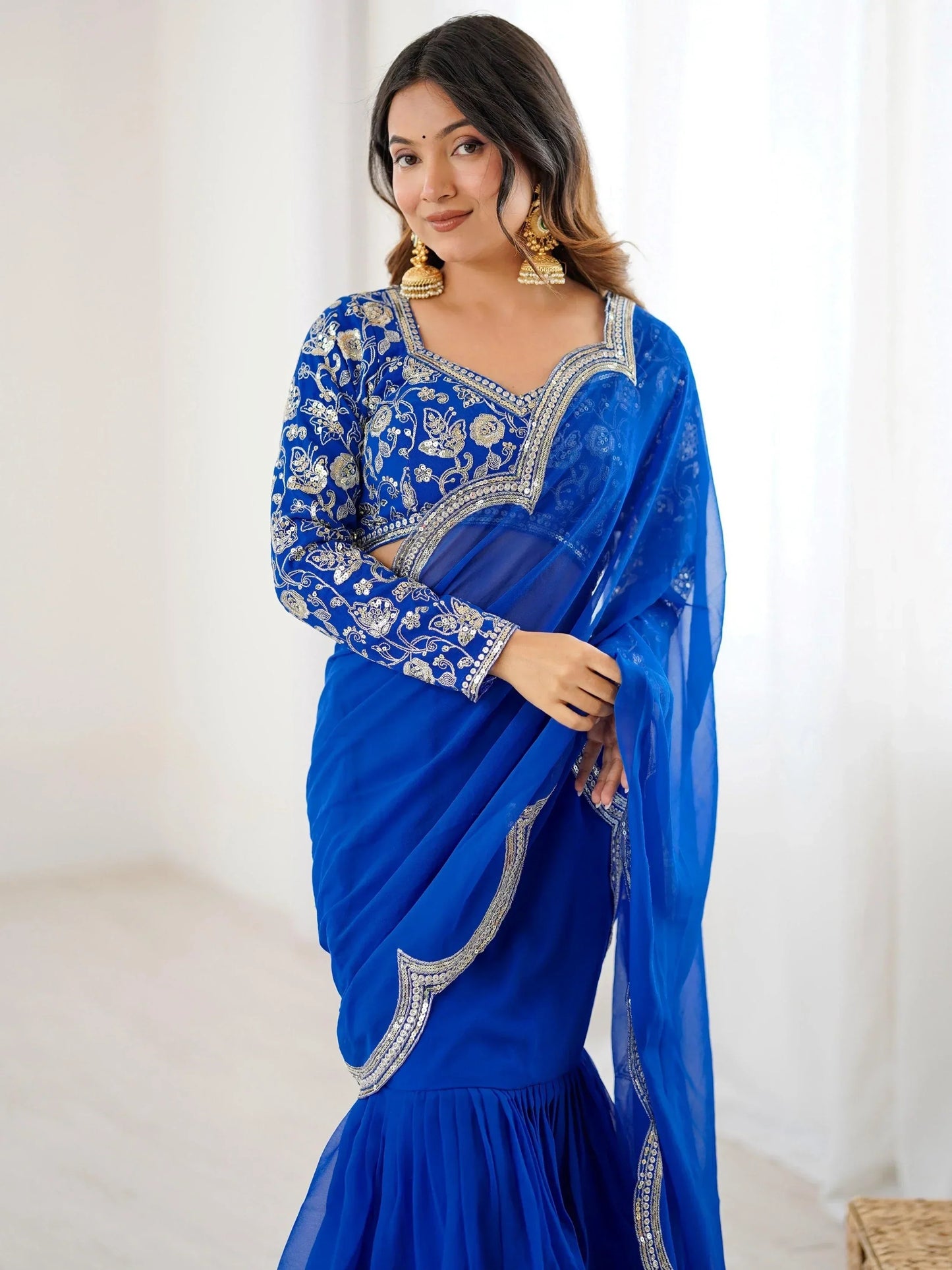 Blue Sequins Georgette Wedding Wear Lehenga Saree