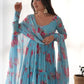 Beautiful Sky-Blue Floral Printed Georgette Anarkali Pant Suit