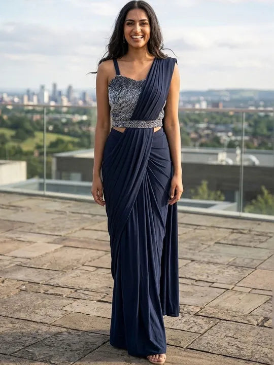 Navy Blue Sequinned Fusion Saree