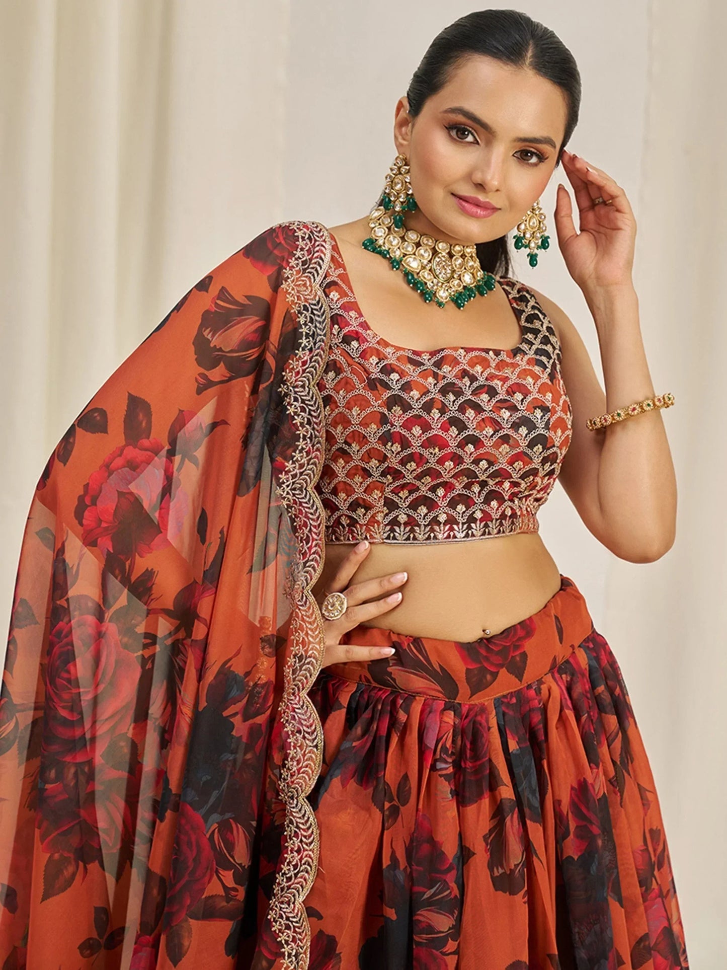 Stunning Orange Sequins Organza Party Wear Lehenga Choli With Dupatta