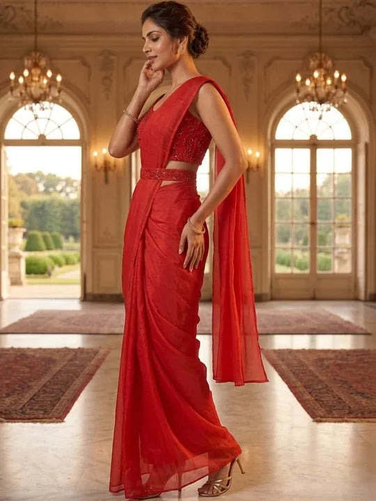 Red Sequin Embellished Party Wear Saree