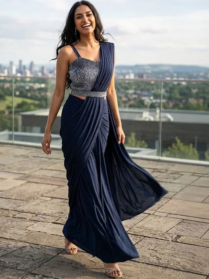 Navy Blue Sequinned Fusion Saree