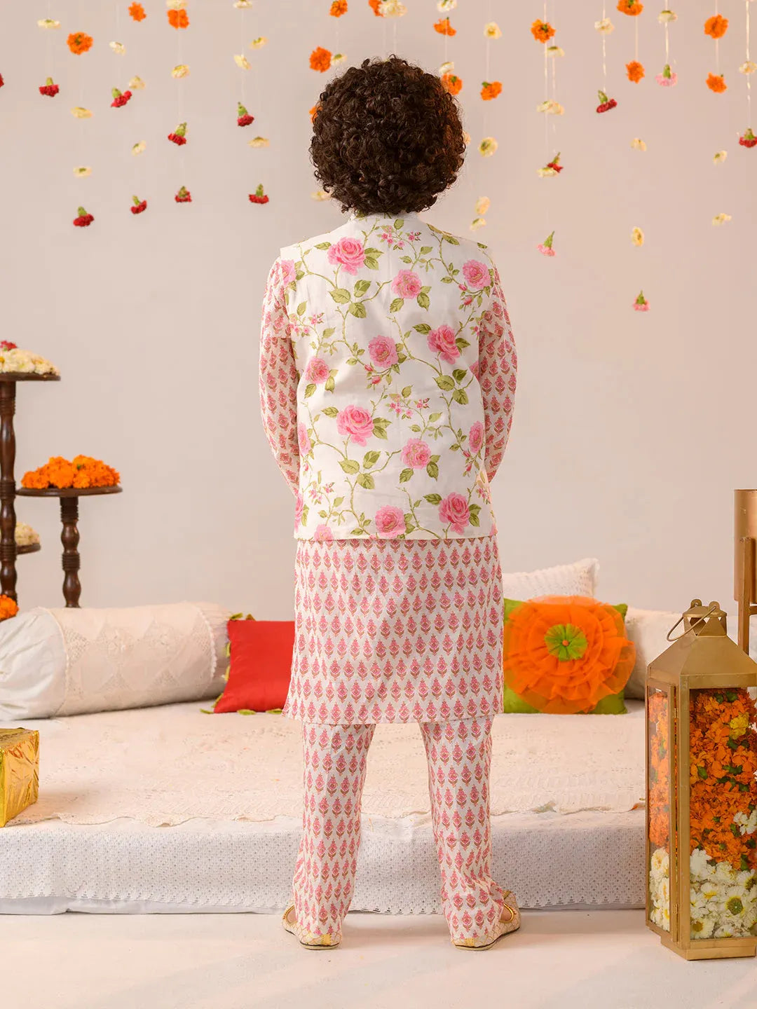 Boys Floral Printed Straight Fit Pure Cotton Kurta Pyjama with Nehru Jacket