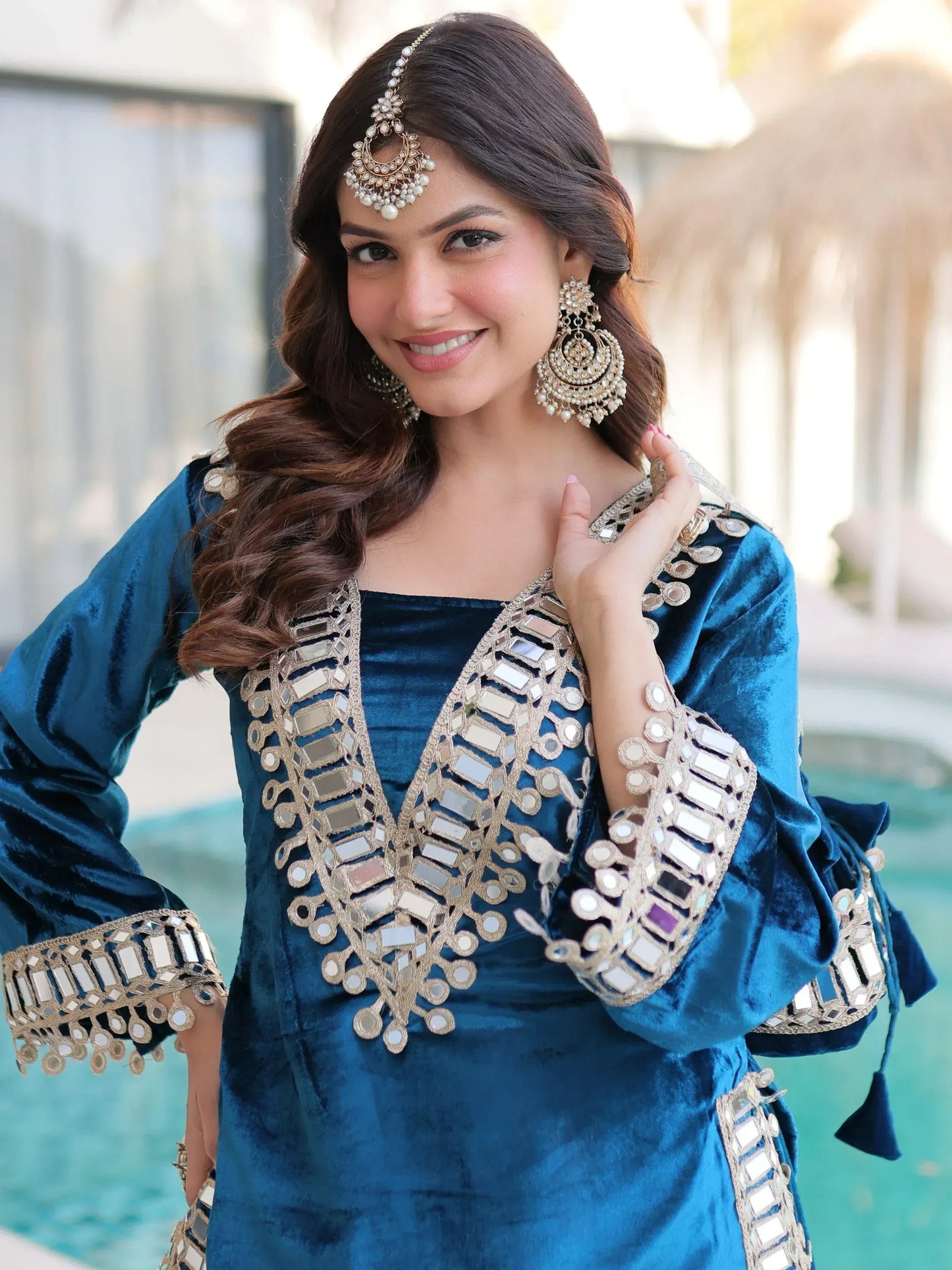 Teal blue and purple velvet mirror work sharara set for women, festive party wear, view 5