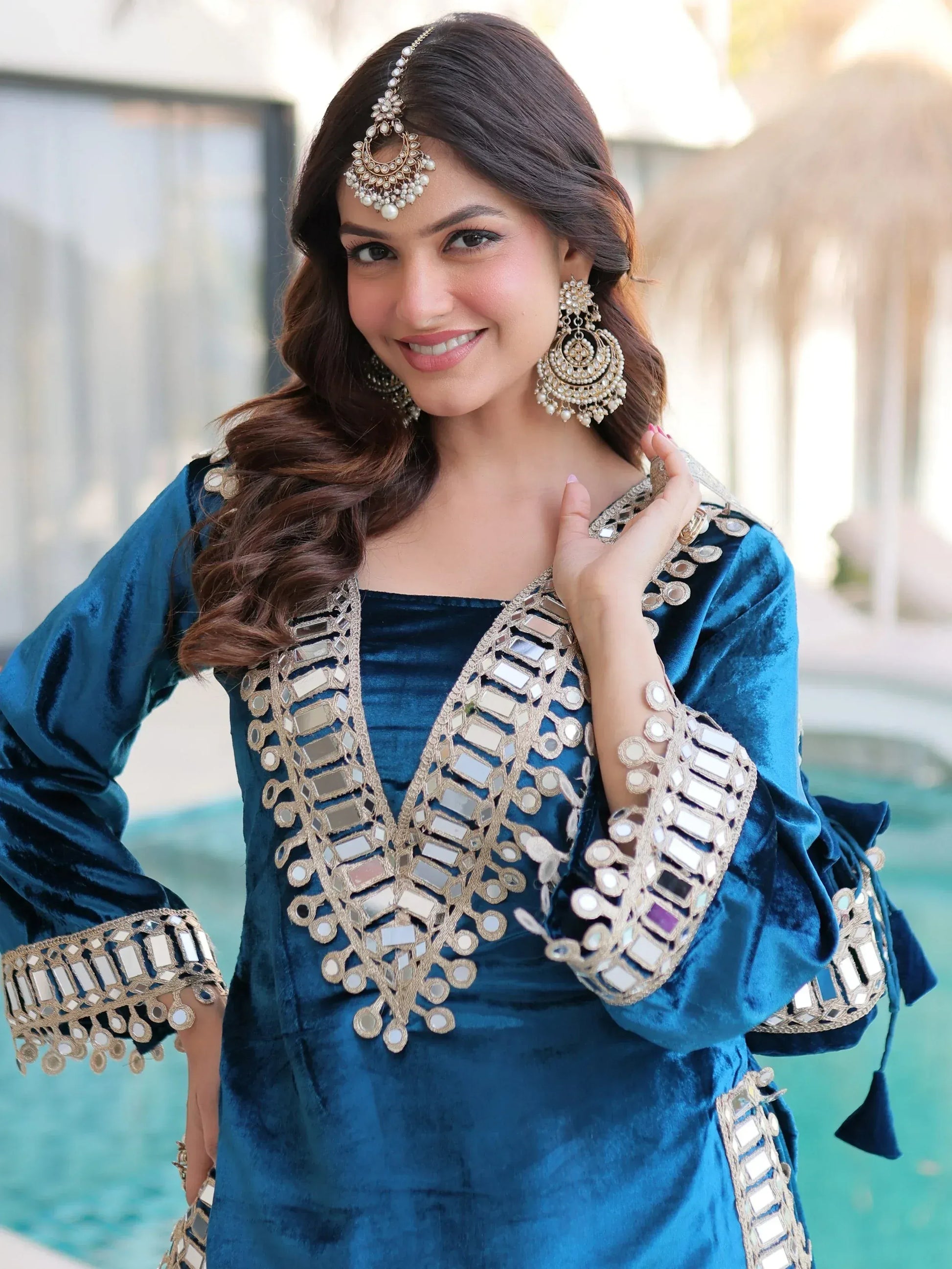 Teal blue and purple velvet mirror work sharara set for women, festive party wear, view 5