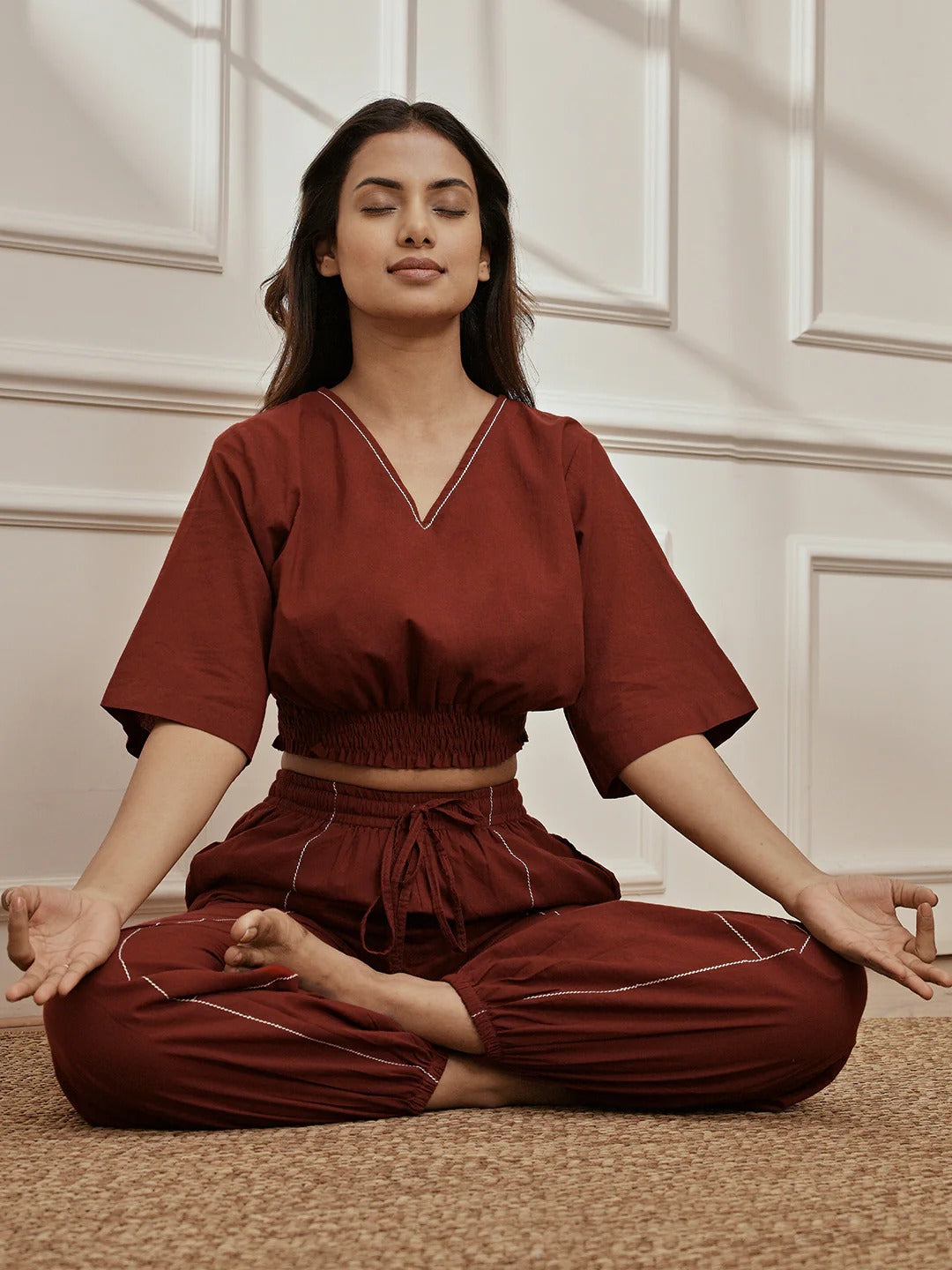 Womens Maroon V-Neck Cambric Crop Top with Joggers Yoga Pants