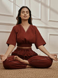 Womens Maroon V-Neck Cambric Crop Top with Joggers Yoga Pants