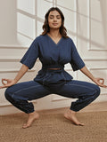 Womens Navy Blue V-Neck Cambric Crop Top with Joggers Yoga Pants