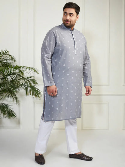 Plus Men's Grey And White Cotton Kurta Pyjama Set