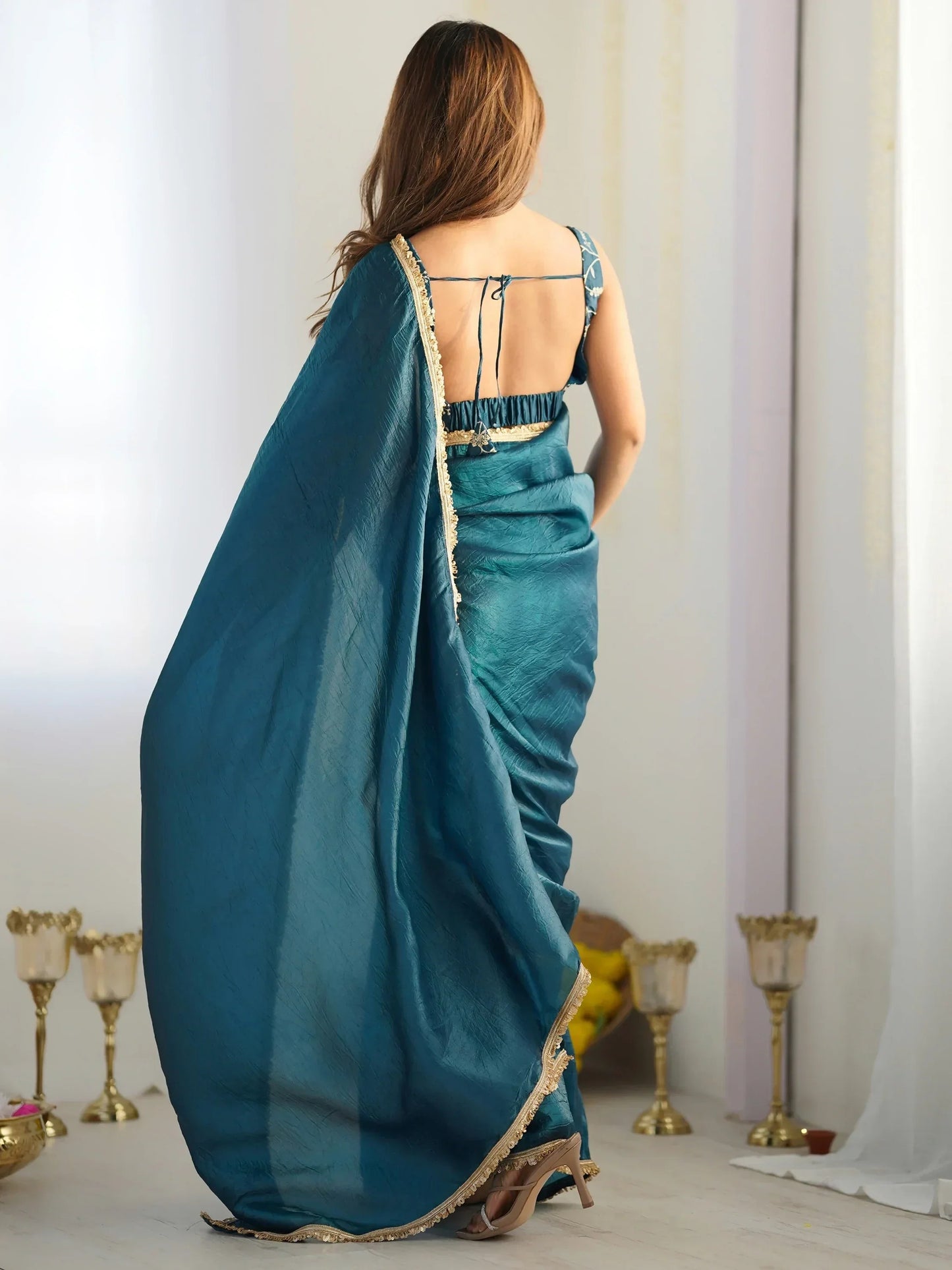 Teal Blue Tissue Silk Pre Stitched Saree With Blouse
