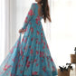 Beautiful Sky-Blue Floral Printed Georgette Anarkali Pant Suit