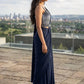 Navy Blue Sequinned Fusion Saree