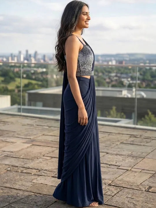 Navy Blue Sequinned Fusion Saree