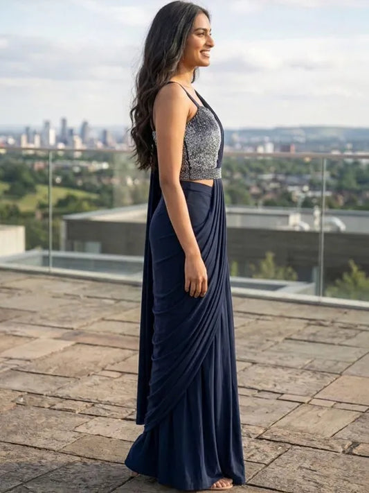 Navy Blue Sequinned Fusion Saree