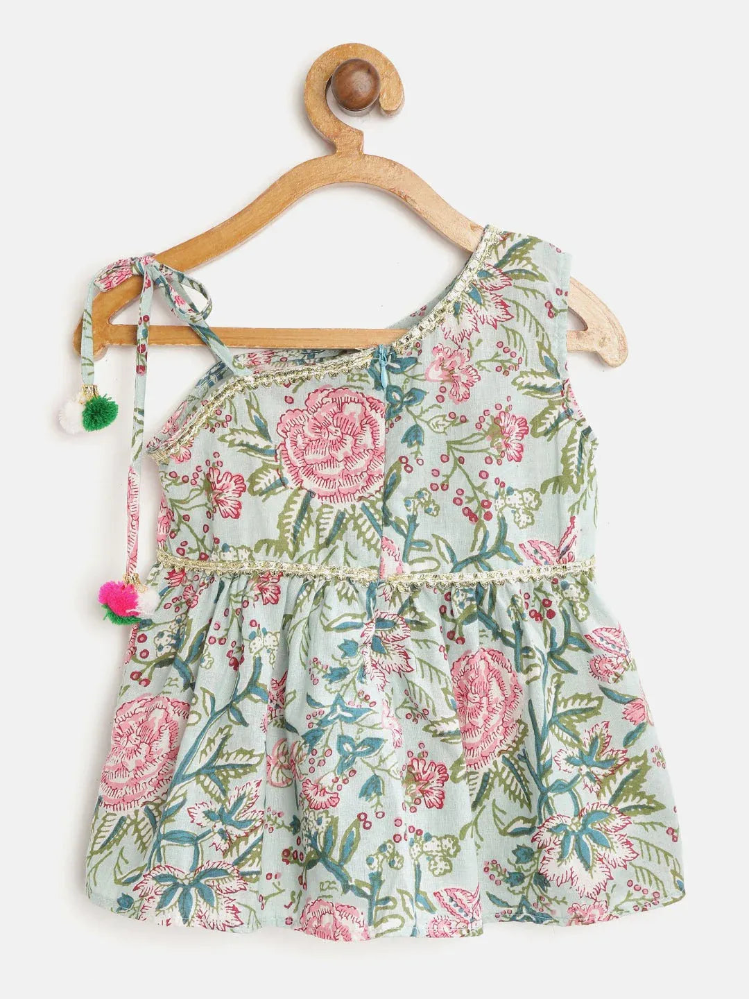 Girls Green & Pink Floral Printed Pure Cotton A-Line Kurti with Dhoti Pants