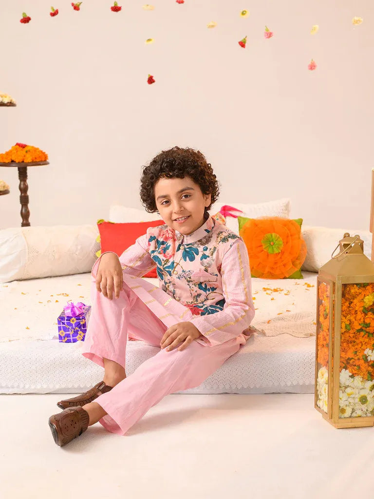 Boys Ethnic Pink Floral Printed Cotton Straight Fit Kurta Pyjama Set With Jacket