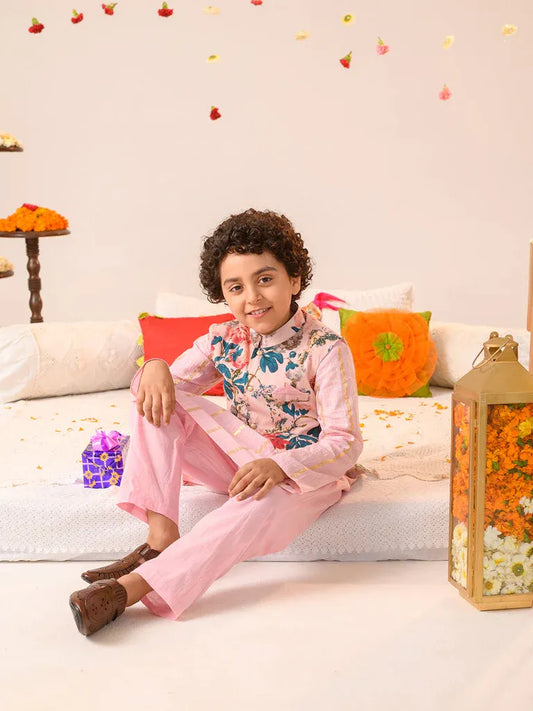 Boys Ethnic Pink Floral Printed Cotton Straight Fit Kurta Pyjama Set With Jacket