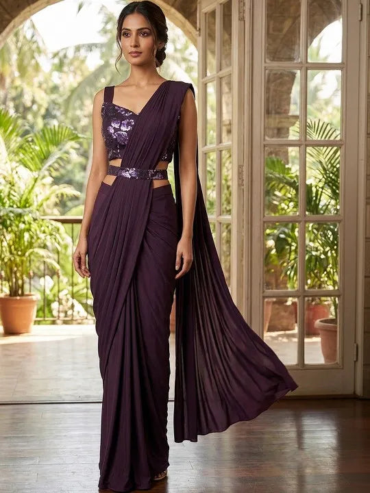 Dark Embellished Designer Saree in Midnight Blue & Wine Color