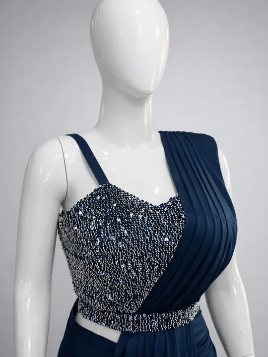 Navy Blue Sequinned Fusion Saree