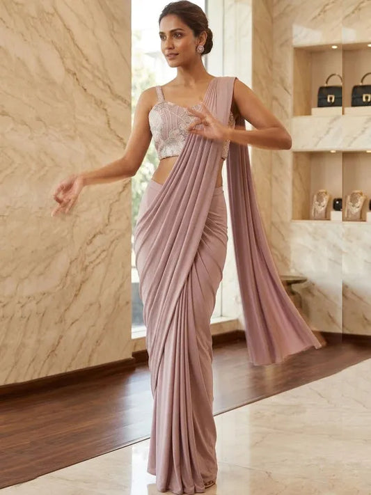 Mauve Embellished Embroidered Fusion Saree