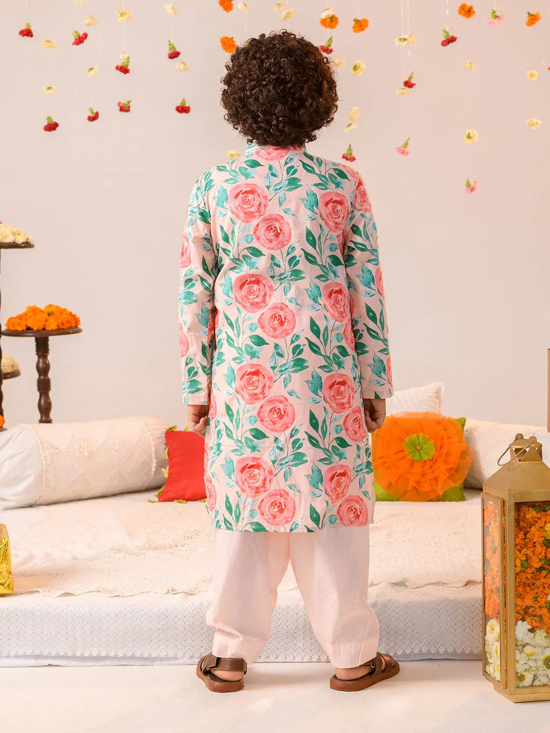 Boys Multi Ethnic Floral Print Cotton Straight Fit Kurta With Pyjama Set