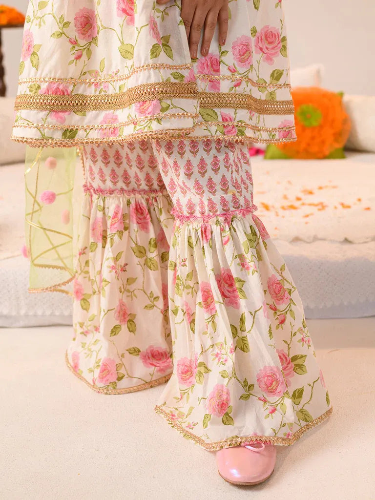 Girls Pink off white Floral Foil Printed Pure Cotton A-Line Kurta with Sharara & Dupatta