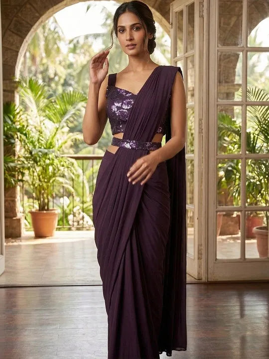 Dark Embellished Designer Saree in Midnight Blue & Wine Color