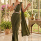 Olive Embroidered Pure Crepe Designer Saree