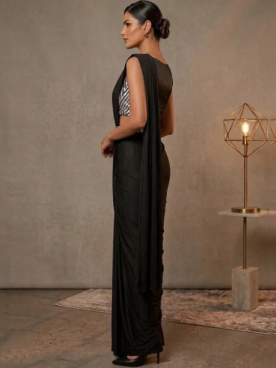 Silver Black Midnight Striped Designer Saree