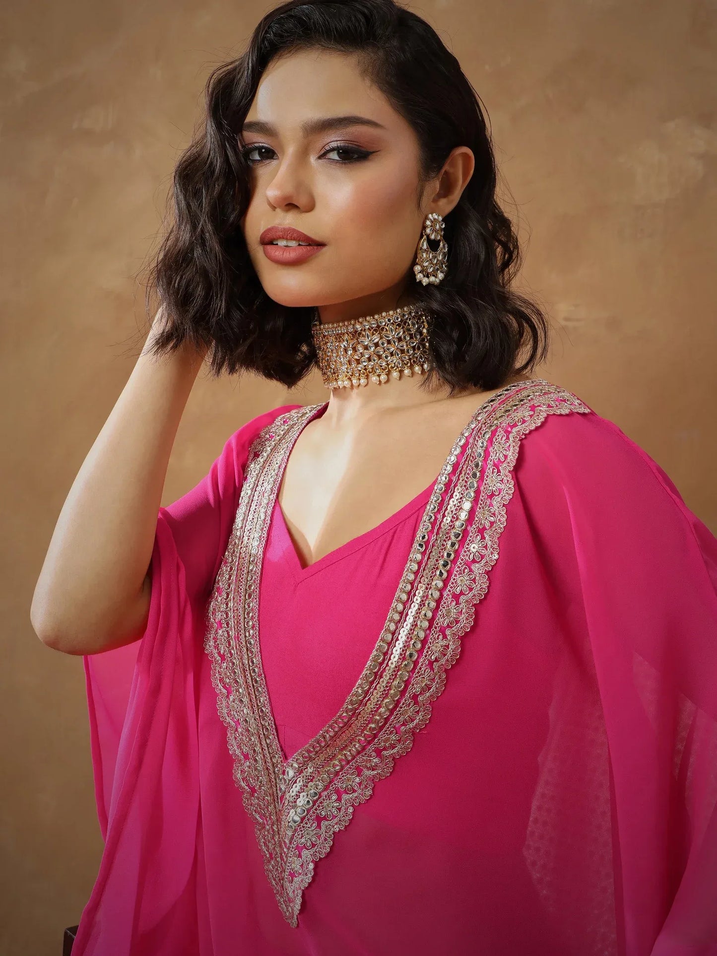 Women Embroidered Kaftan With Cami & Straight Pants