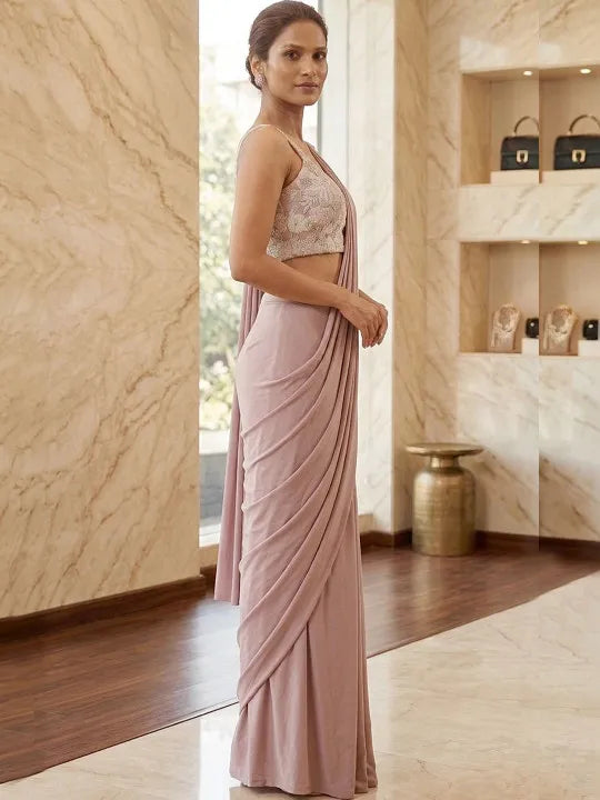 Mauve Embellished Embroidered Fusion Saree