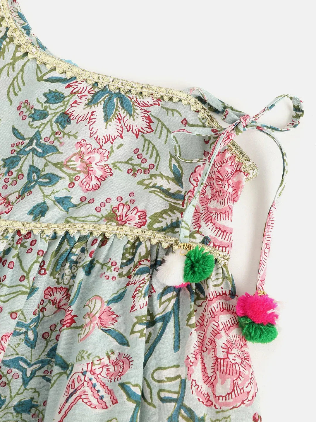 Girls Green & Pink Floral Printed Pure Cotton A-Line Kurti with Dhoti Pants