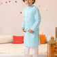 Boys Blue & White Printed Pure Cotton Straight Fit Kurta With Pyjamas & Nehru Jacket