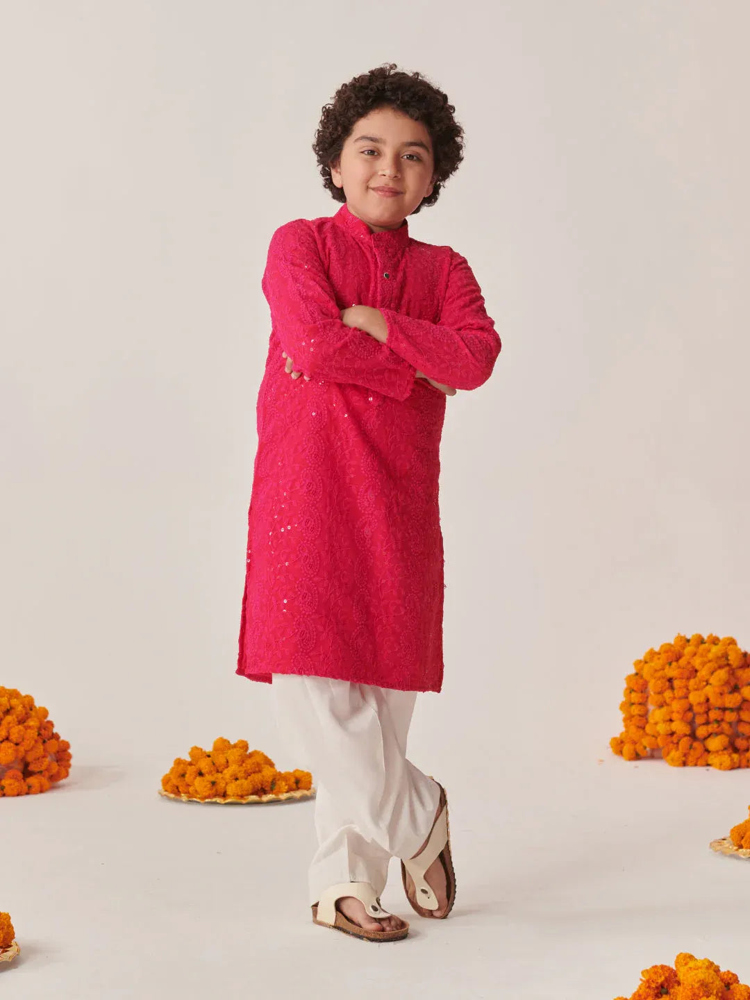 Boys Ethnic Magenta & White Embroidered Georgette Straight Fit Kurta Pyjama Set