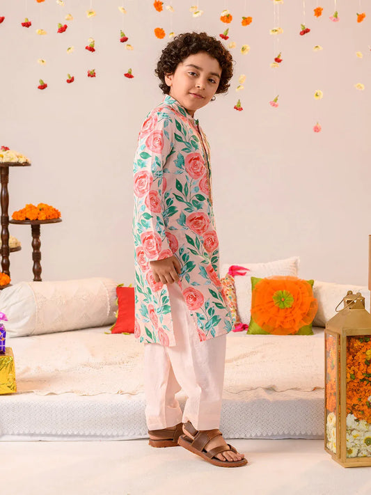 Boys Multi Ethnic Floral Print Cotton Straight Fit Kurta With Pyjama Set