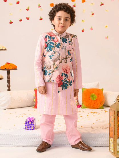 Boys Ethnic Pink Floral Printed Cotton Straight Fit Kurta Pyjama Set With Jacket