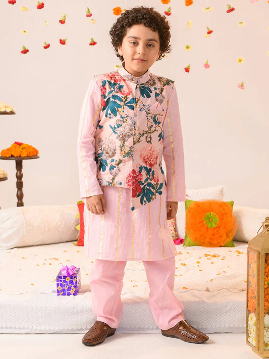 Boys Ethnic Pink Floral Printed Cotton Straight Fit Kurta Pyjama Set With Jacket