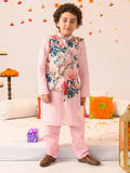 Boys Ethnic Pink Floral Printed Cotton Straight Fit Kurta Pyjama Set With Jacket