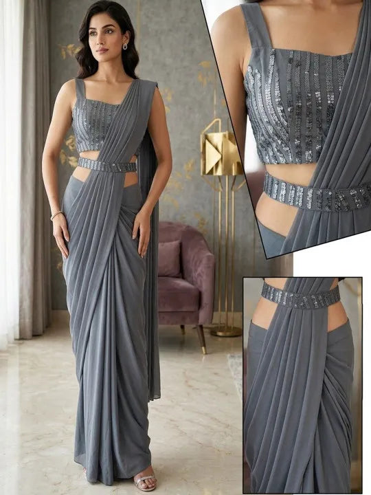 Grey Embellished Designer Saree