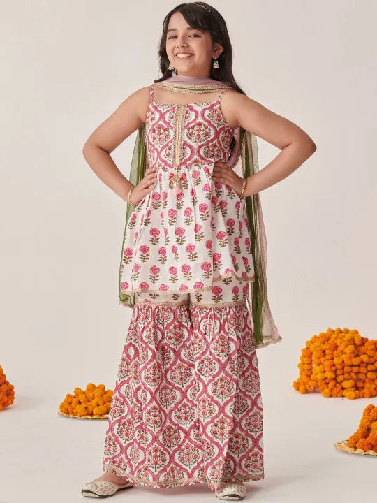Girls White Ethnic Booti Pattern Cotton A-Line Kurta & Sharara With Dupatta Set