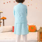 Boys Blue & White Printed Pure Cotton Straight Fit Kurta With Pyjamas & Nehru Jacket